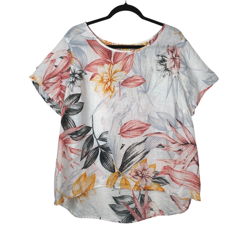 C&C Womens Linen Short Sleeve Floral Top Size 1X Vacation Tropical Resortwear